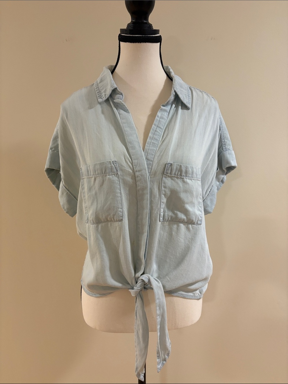 Black Tape_ Light Blue Tie-Front Button Down Shirt